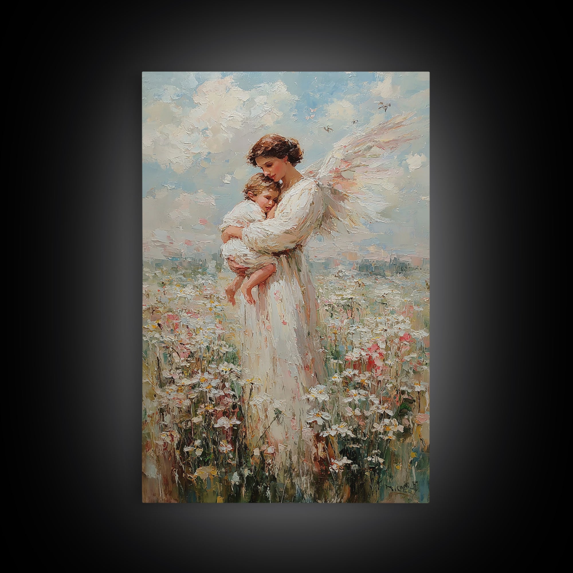 Textured Angel Mother Holding Baby In Wildflower Field Wall Art, Impressionist Canvas Print, Christian Nursery Decor, Gift For Mom