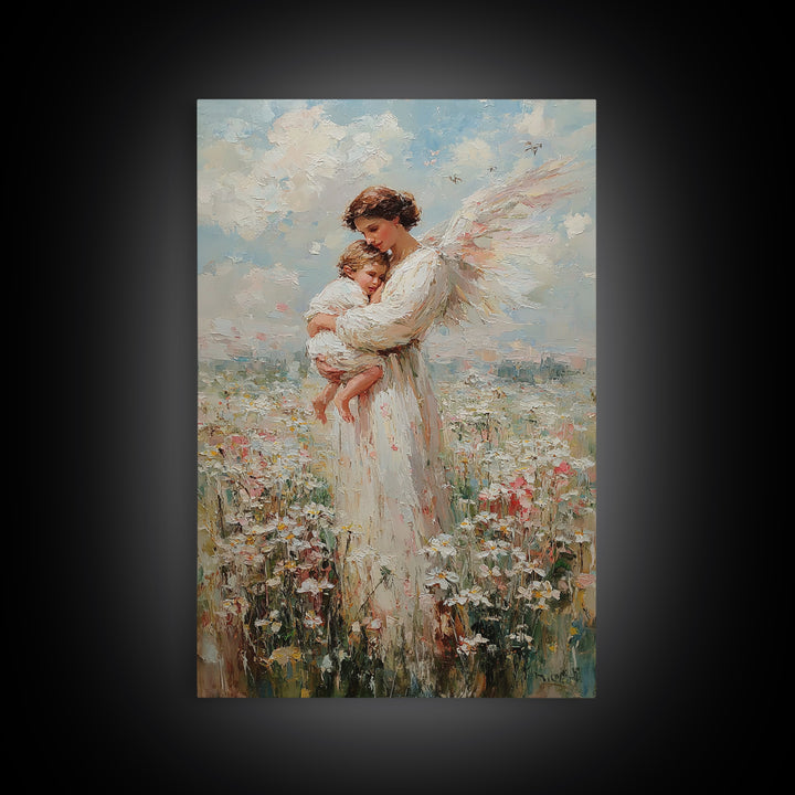 Textured Angel Mother Holding Baby In Wildflower Field Wall Art, Impressionist Canvas Print, Christian Nursery Decor, Gift For Mom