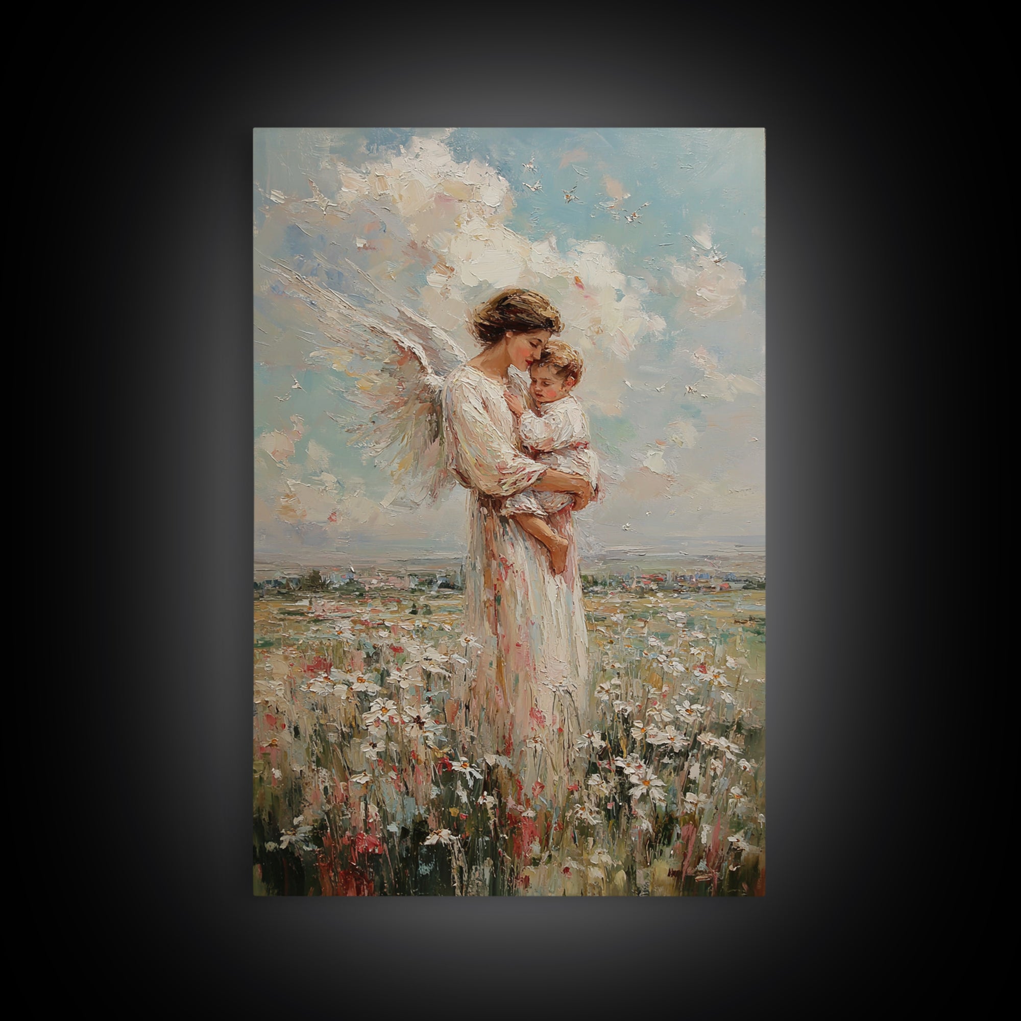 Angel Mother And Baby In Wildflower Meadow Wall Art, Christian Nursery Decor, Motherhood Gift, Fine Art Print, Serene Home Decor