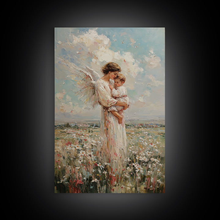 Angel Mother And Baby In Wildflower Meadow Wall Art, Christian Nursery Decor, Motherhood Gift, Fine Art Print, Serene Home Decor