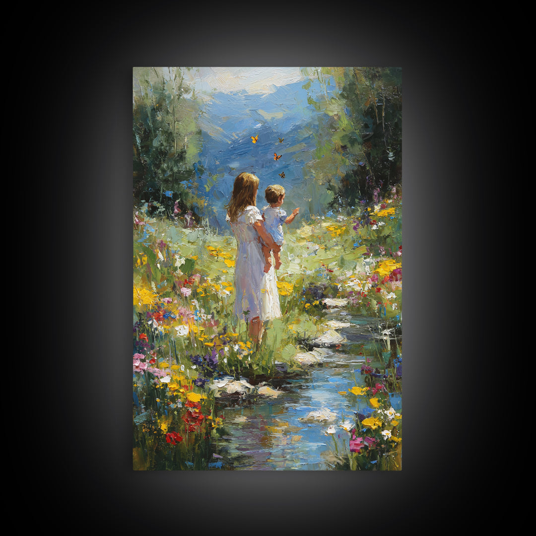 Mother And Child By Mountain Stream Wall Art, Wildflower Landscape Painting, Nature Wall Art, Nursery Decor, Housewarming Gift