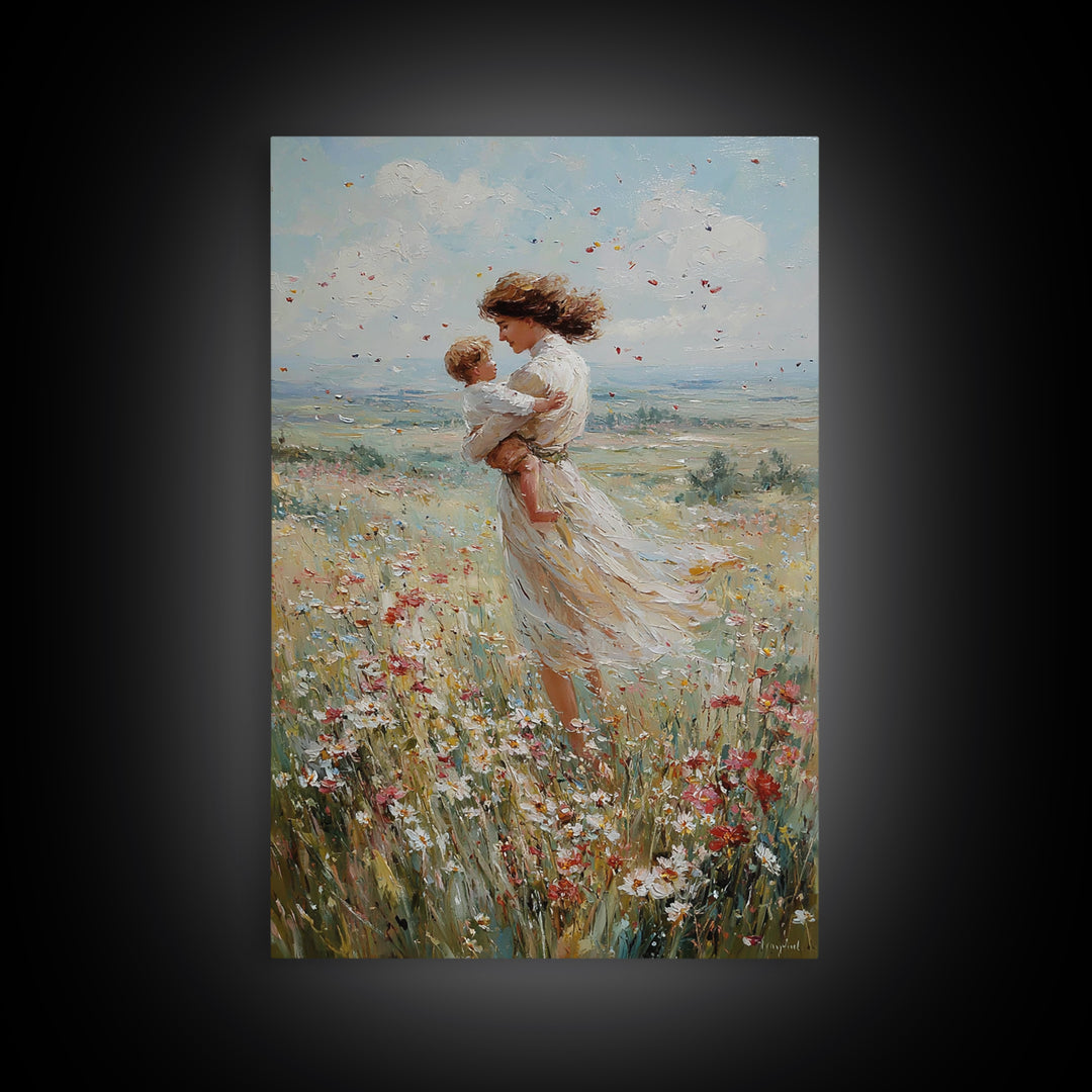 Windswept Mother Holding Baby In Daisy Field Framed Canvas Print, Floral Wall Art, Motherhood Gift, Romantic Bedroom Art