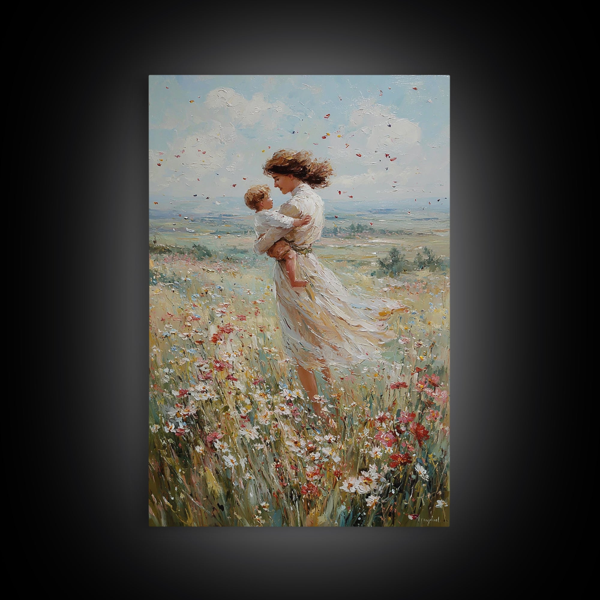 Windswept Mother Holding Baby In Daisy Field Framed Canvas Print, Floral Wall Art, Motherhood Gift, Romantic Bedroom Art
