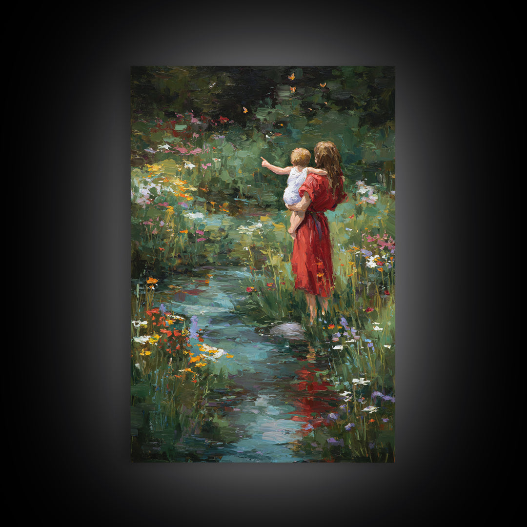 Mother In Red Dress With Child By Garden Stream Wall Art, Moody Floral Art, Nature Wall Decor, Gift For Her, Fine Art Print