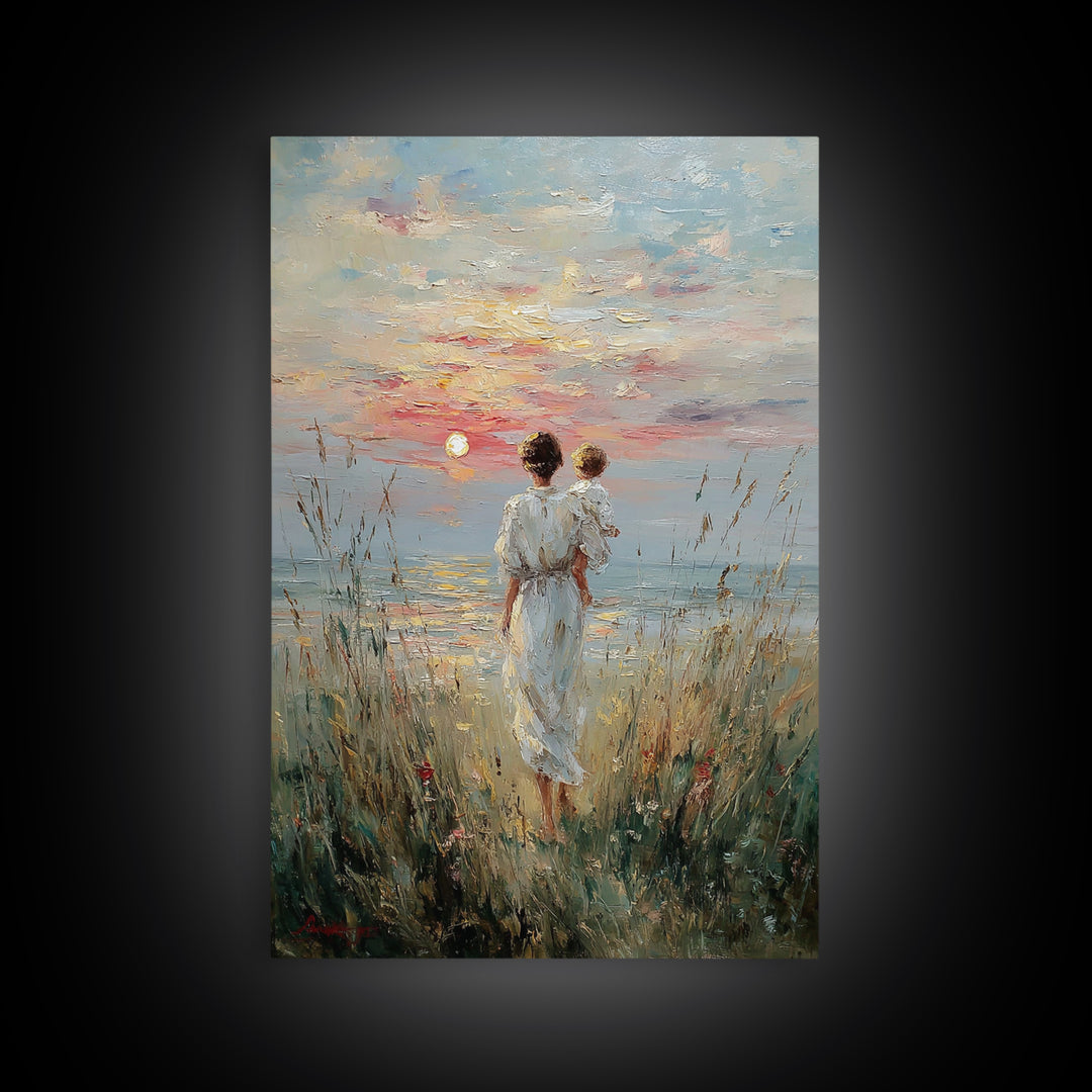 Mother And Child Watching Sunset Over Lake Framed Canvas Print, Coastal Wall Art, Serene Bedroom Decor, Motherhood Gift, Fine Art Print