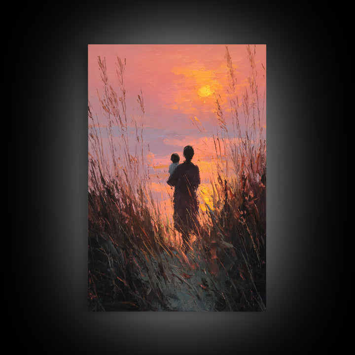 Silhouette Mother And Baby At Orange Sunset Canvas Print, Coastal Wall Art, Romantic Bedroom Decor, Gift For Mom, Sunset Art