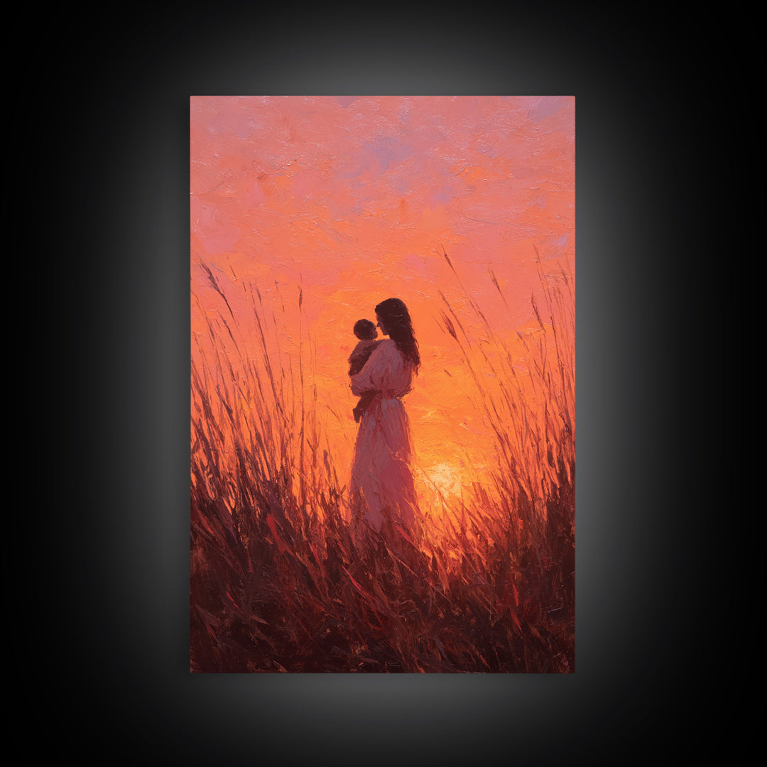 Mother And Baby In Fiery Sunset Grass Canvas Print, Romantic Wall Art, Warm Orange Decor, Nursery Wall Art, Gift For Her