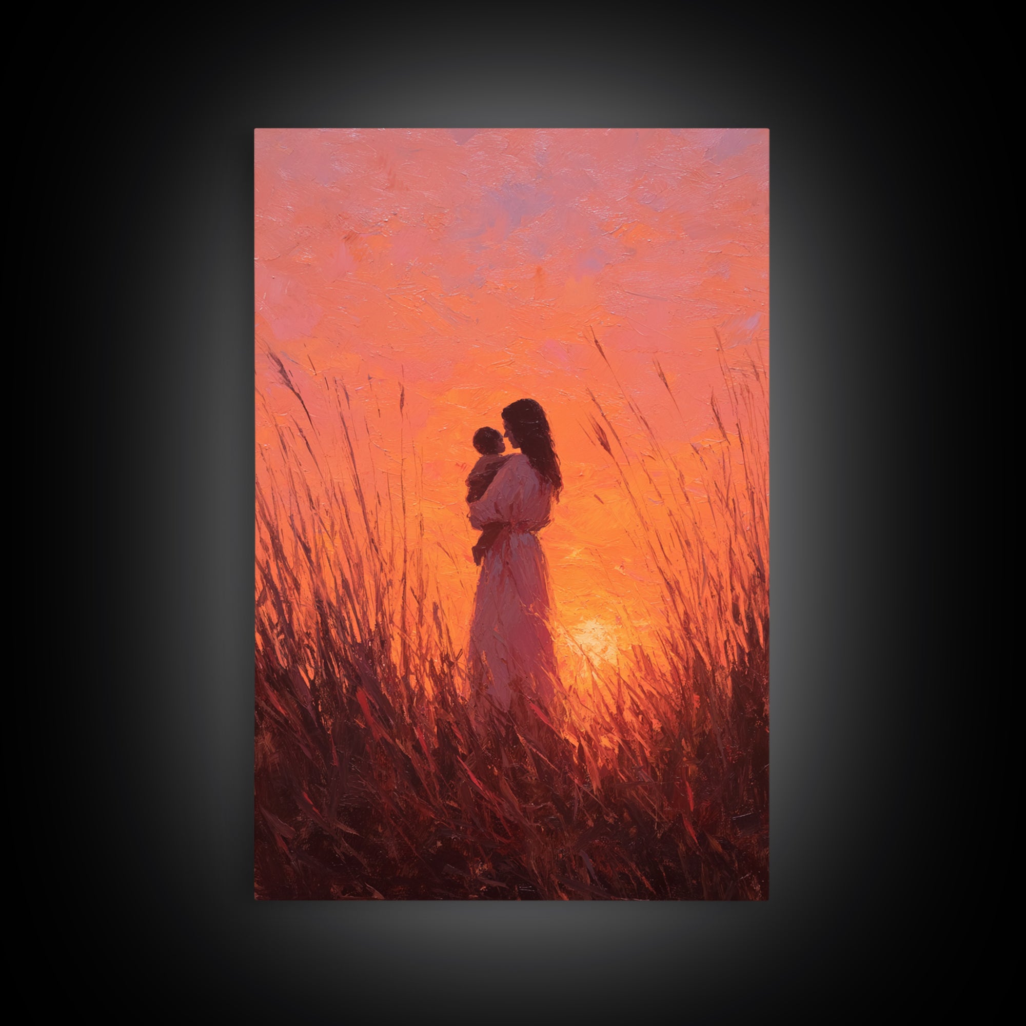 Mother And Baby In Fiery Sunset Grass Canvas Print, Romantic Wall Art, Warm Orange Decor, Nursery Wall Art, Gift For Her