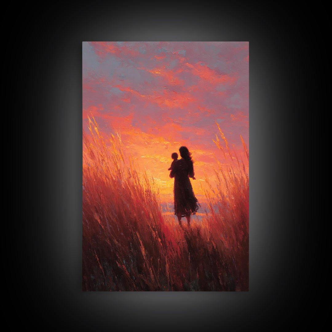 Mother And Baby Sunset Meadow Wall Art, Impressionist Oil Painting Print, Feminine Nursery Decor, Gift For Mom, Living Room Decor