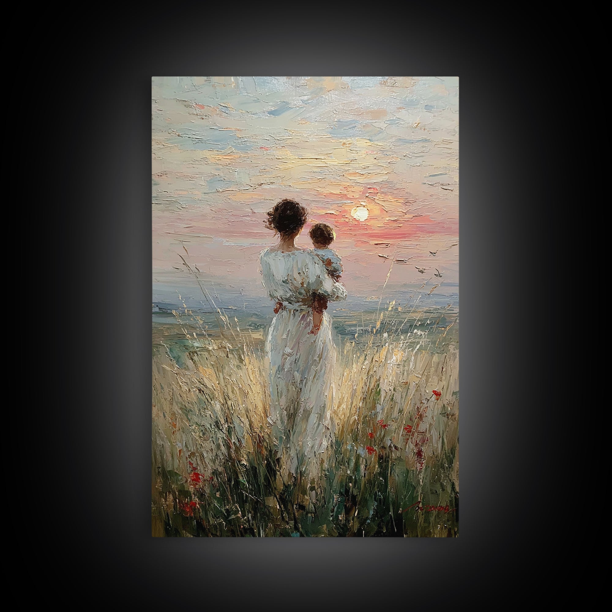 Mother And Child By The Sea Framed Canvas Print, Coastal Meadow Oil Painting, Feminine Wall Decor, Gift For Mom, Nursery Wall Art