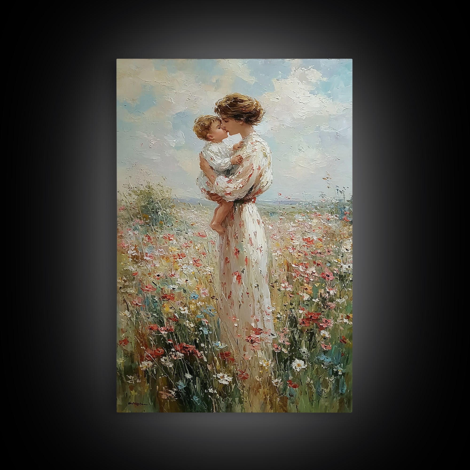 Mother Kissing Baby In Wildflower Field Canvas Print, Impressionist Floral Wall Art, Nursery Decor, Gift For Her, Mothers Day Gift