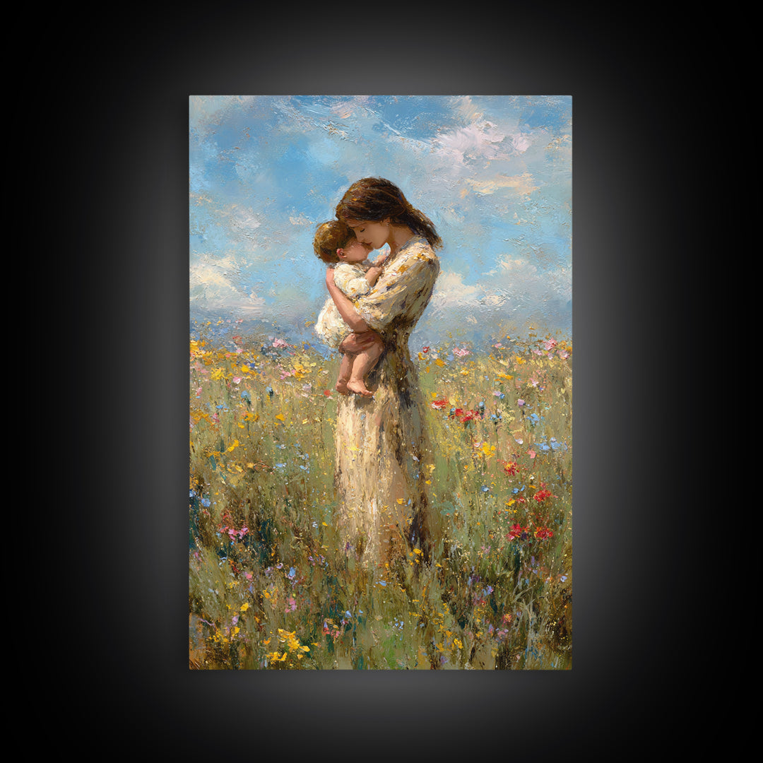 Tender Mother And Baby Wildflower Meadow Wall Art, Impressionist Oil Painting, Feminine Nursery Decor, Gift For Mom, Bedroom Decor