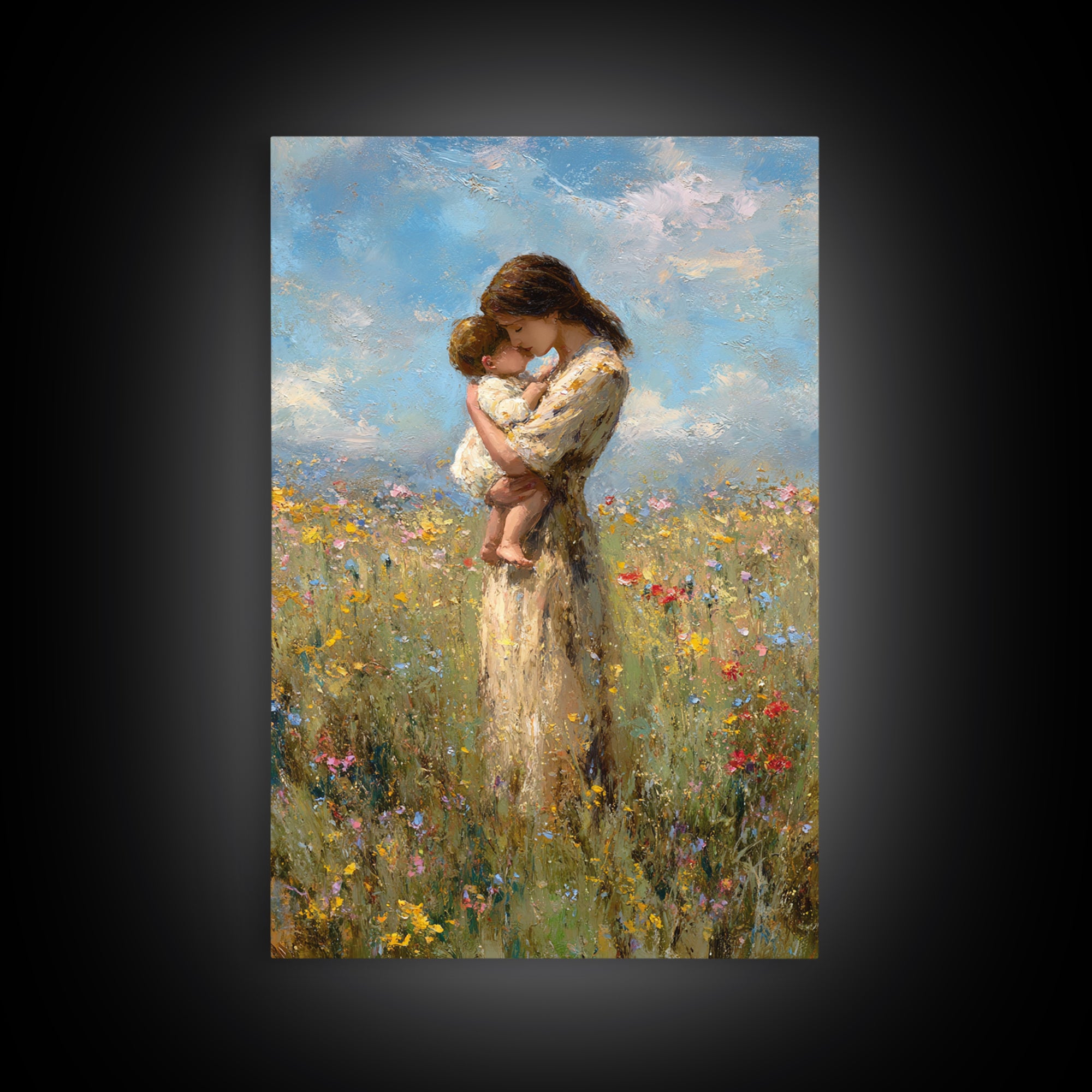 Tender Mother And Baby Wildflower Meadow Wall Art, Impressionist Oil Painting, Feminine Nursery Decor, Gift For Mom, Bedroom Decor