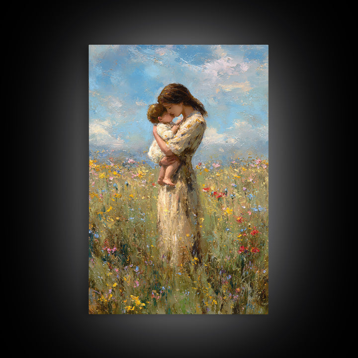 Tender Mother And Baby Wildflower Meadow Wall Art, Impressionist Oil Painting, Feminine Nursery Decor, Gift For Mom, Bedroom Decor