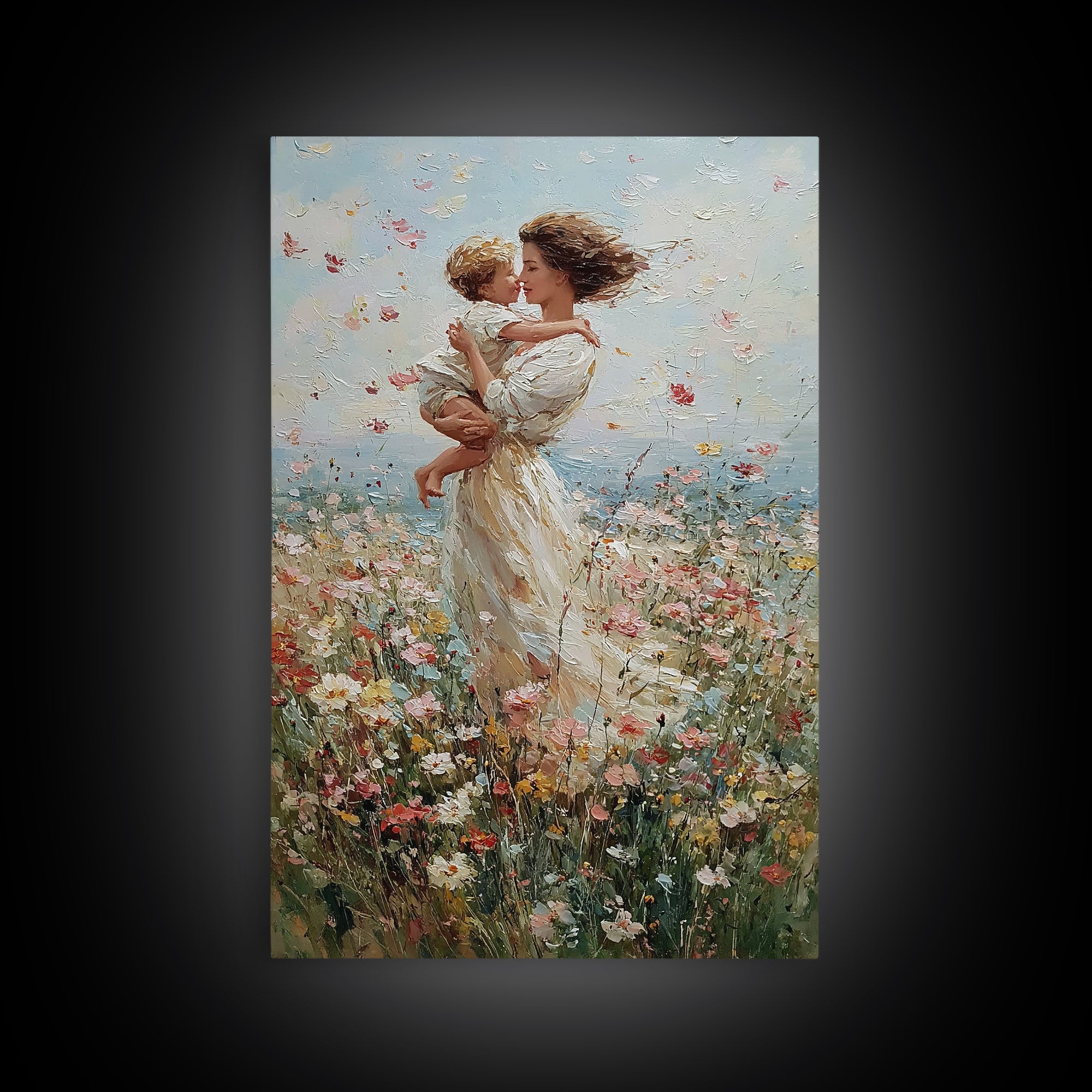 Windblown Mother And Baby Floral Meadow Framed Canvas Print, Coastal Impressionist Wall Art, Nursery Decor, Gift For Mom