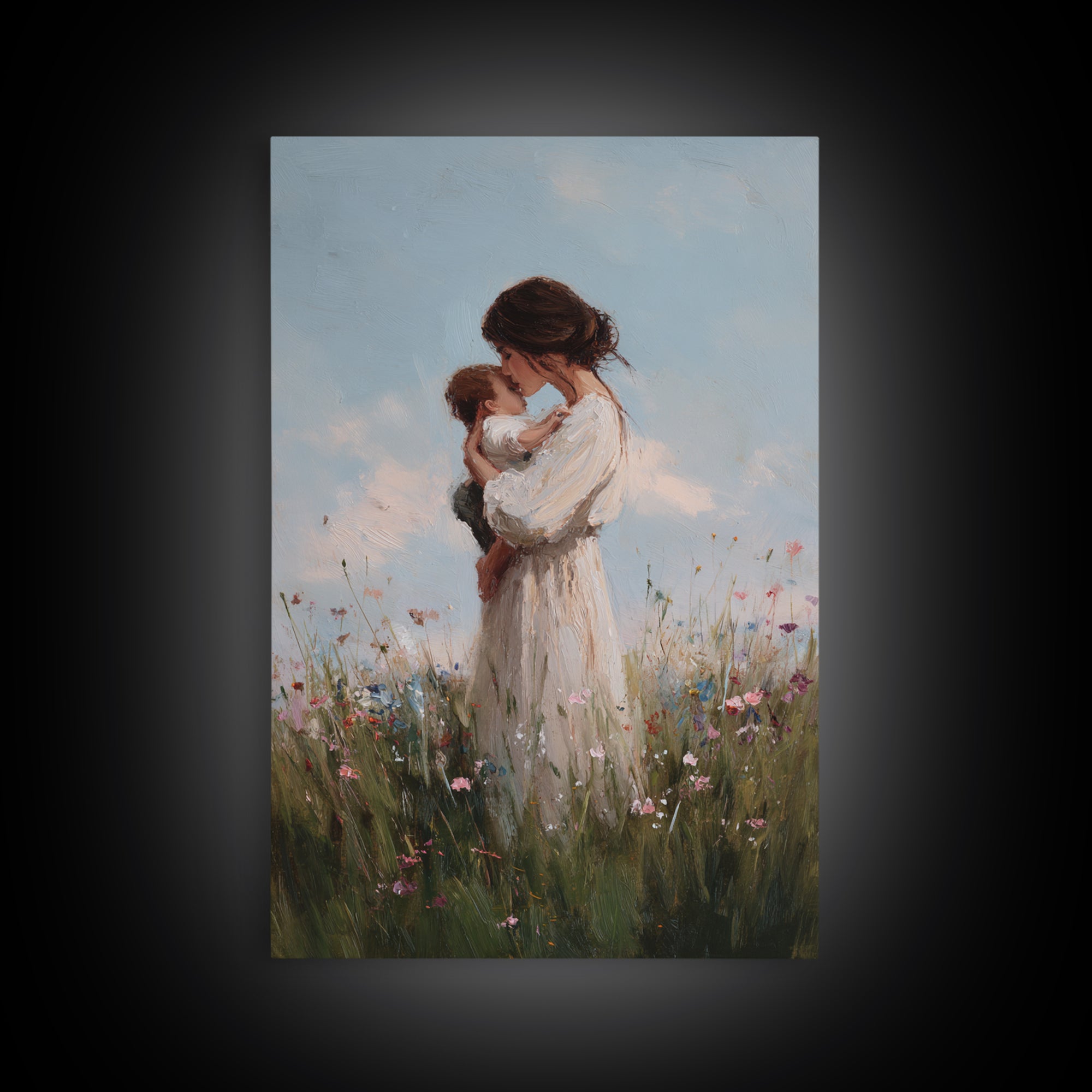 Mother Cuddling Baby In Soft Meadow Framed Canvas Print, Minimalist Floral Wall Art, Calming Nursery Decor, Gift For Mom