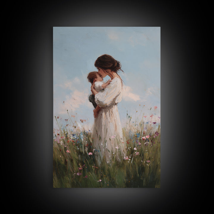 Mother Cuddling Baby In Soft Meadow Framed Canvas Print, Minimalist Floral Wall Art, Calming Nursery Decor, Gift For Mom