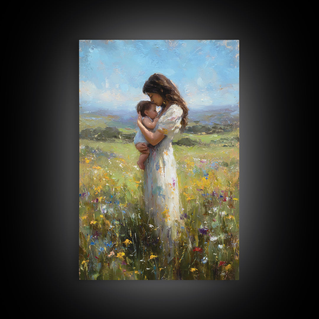 Mother And Baby In Rolling Hills Meadow Canvas Print, Impressionist Landscape Wall Art, Floral Nursery Decor, Gift For Mom