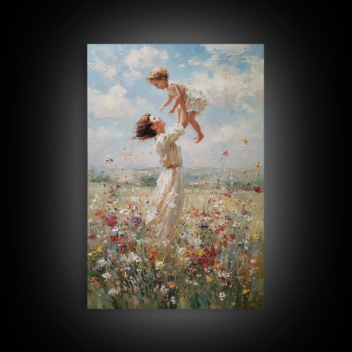 Mother Lifting Child Above Wildflower Meadow Wall Art, Joyful Impressionist Oil Painting Print, Nursery Decor, Gift For Mom
