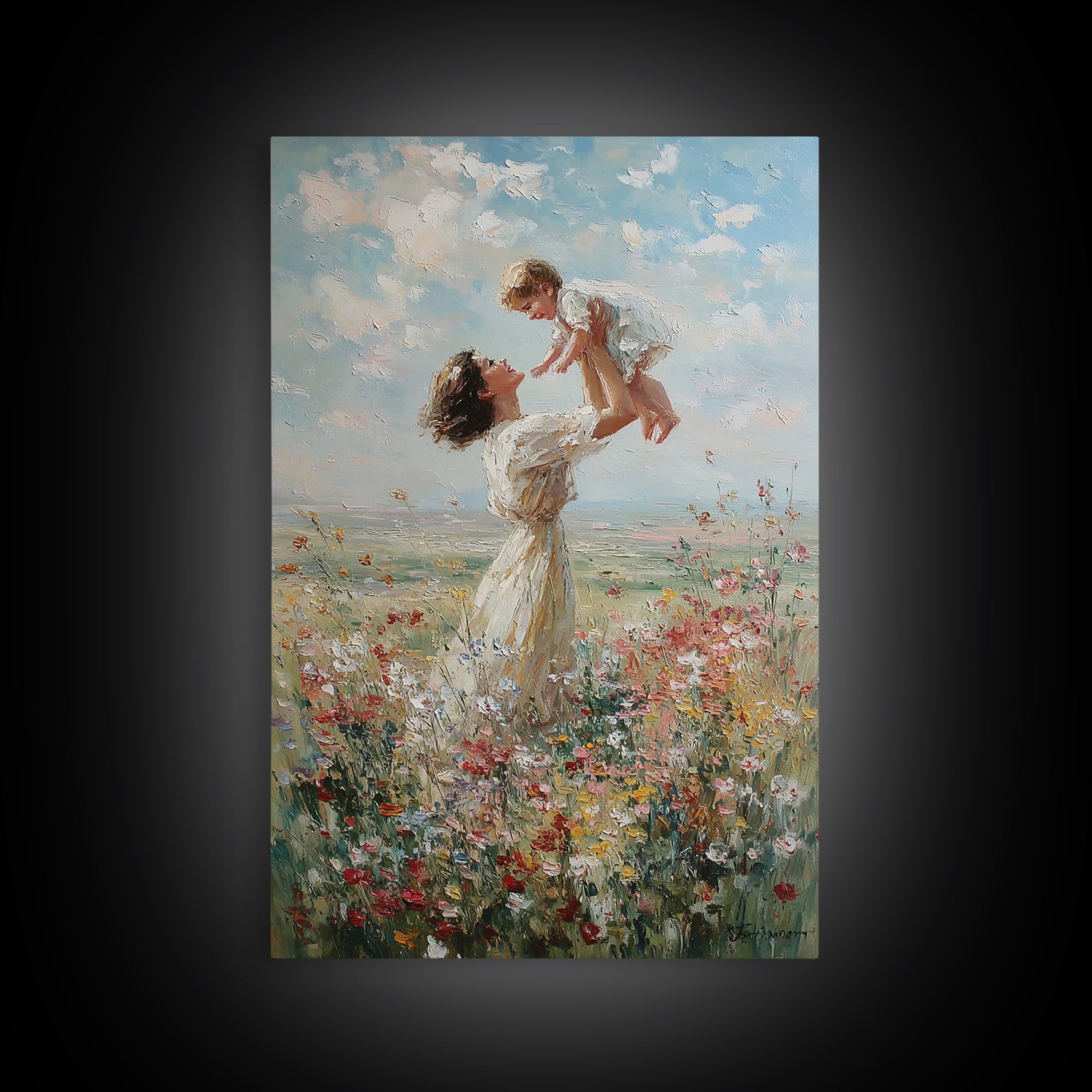 Mother Lifting Baby In Soft Wildflower Meadow Wall Art, Impressionist Oil Painting, Nursery Decor, Mothers Day Gift For Mom