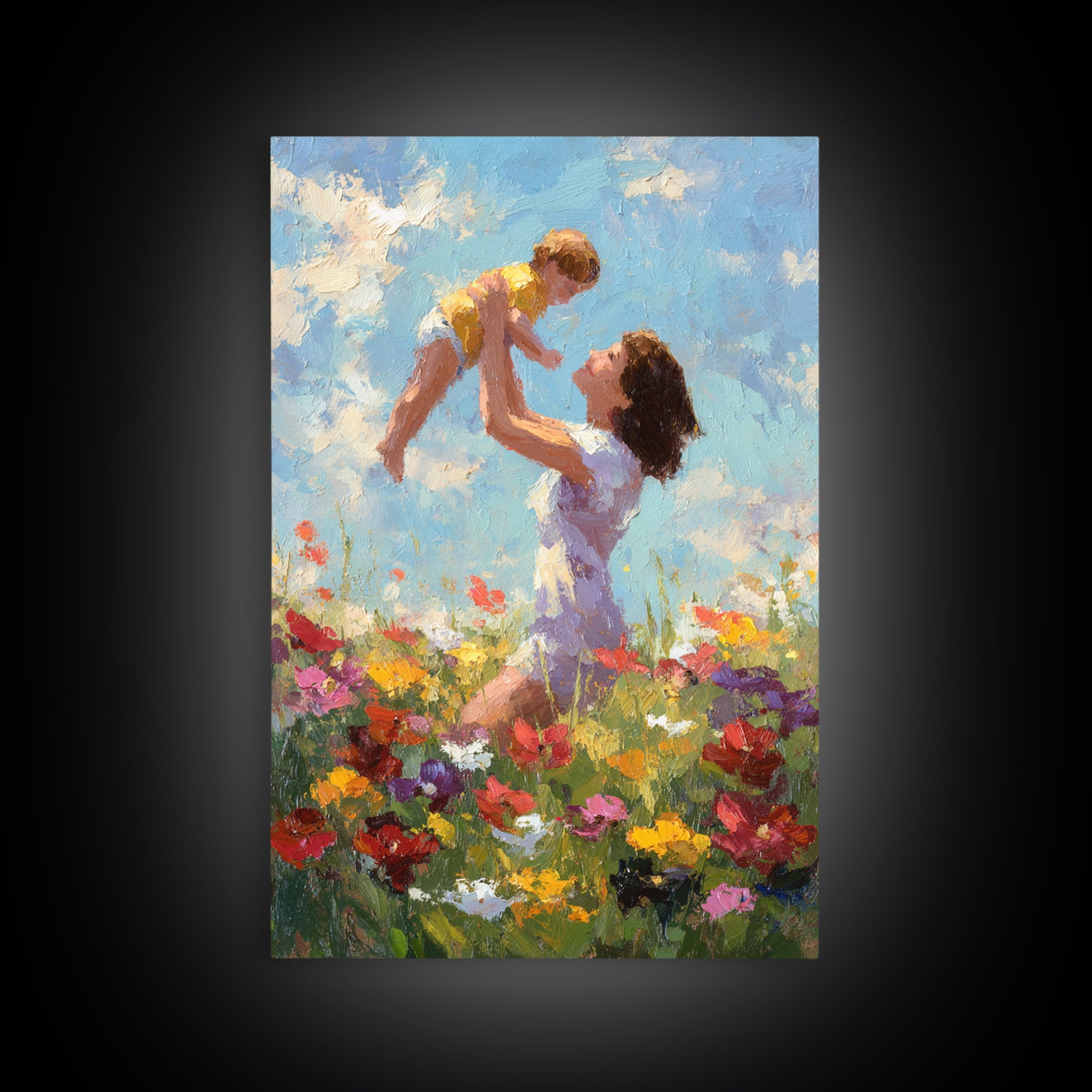 Kneeling Mother Lifting Baby Among Poppies Canvas Print, Impressionist Floral Wall Art, Nursery Decor, Mothers Day Gift For Mom
