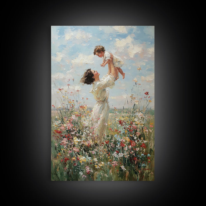 Airy Mother And Toddler In Wild Meadow Framed Canvas Print, Impressionist Wall Art, Living Room Decor, Mothers Day Gift For Mom