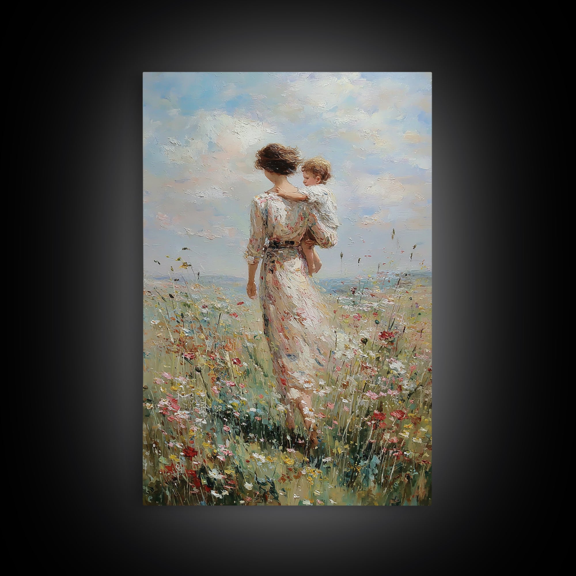 Mother And Child Walking Through Wildflower Meadow Canvas Print, Impressionist Wall Art, Nursery Decor, Mothers Day Gift