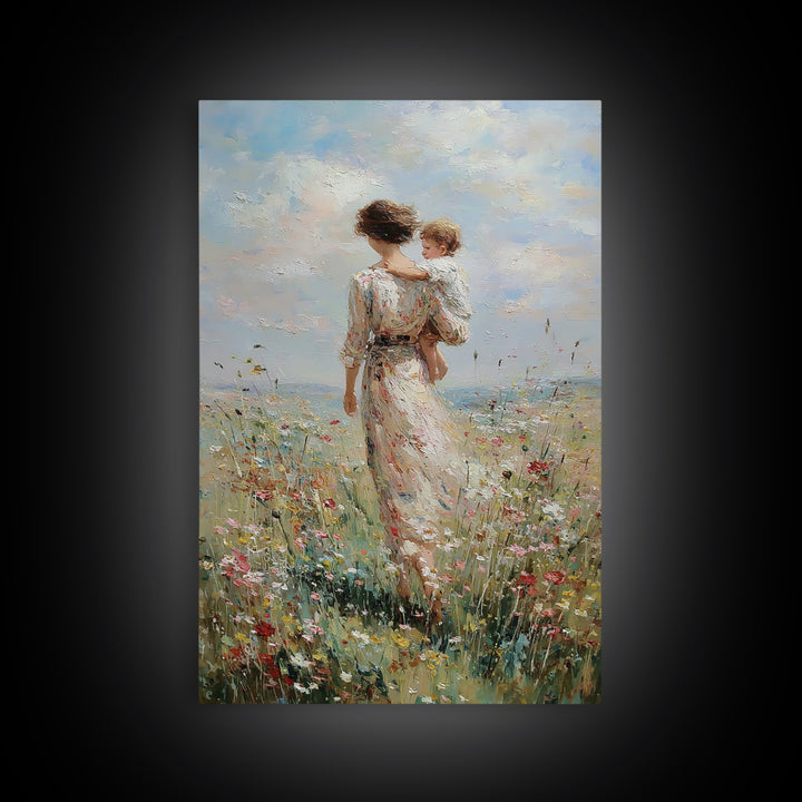 Mother And Child Walking Through Wildflower Meadow Canvas Print, Impressionist Wall Art, Nursery Decor, Mothers Day Gift
