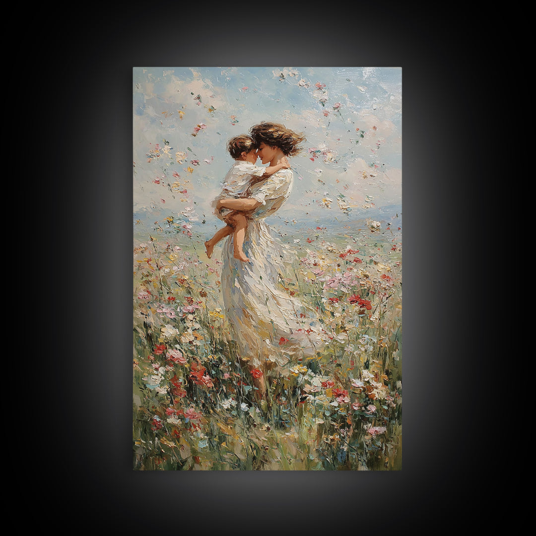 Mother Embracing Baby In Windblown Flower Meadow Framed Canvas Print, Impressionist Floral Wall Art, Nursery Decor, Mothers Day Gift For Mom