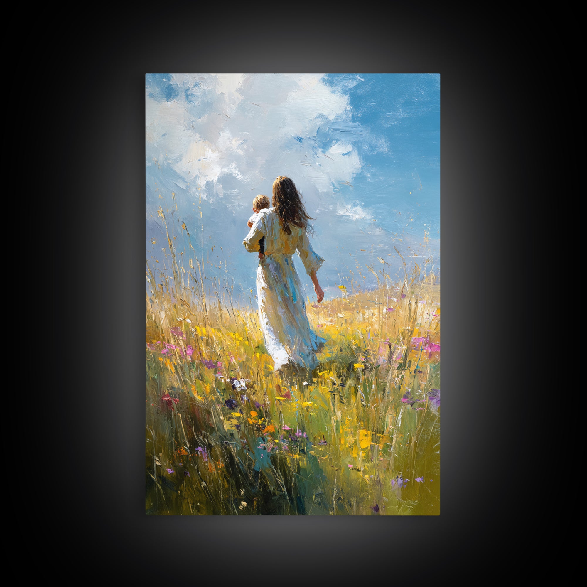 Mother Carrying Child Through Sunny Meadow Canvas Print, Impressionist Landscape Wall Art, Nursery Decor, Mothers Day Gift For Mom