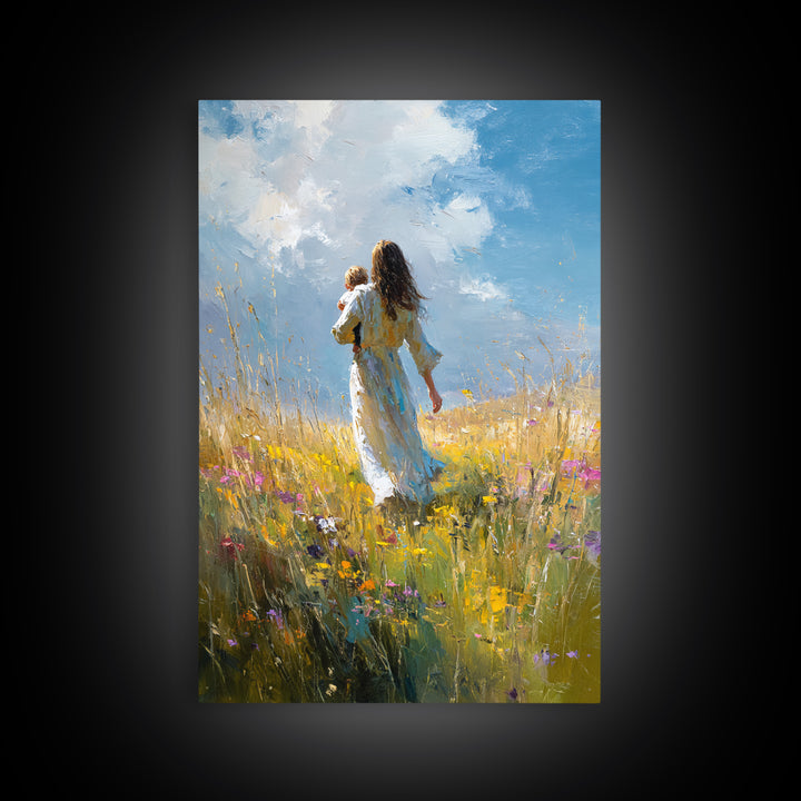 Mother Carrying Child Through Sunny Meadow Canvas Print, Impressionist Landscape Wall Art, Nursery Decor, Mothers Day Gift For Mom