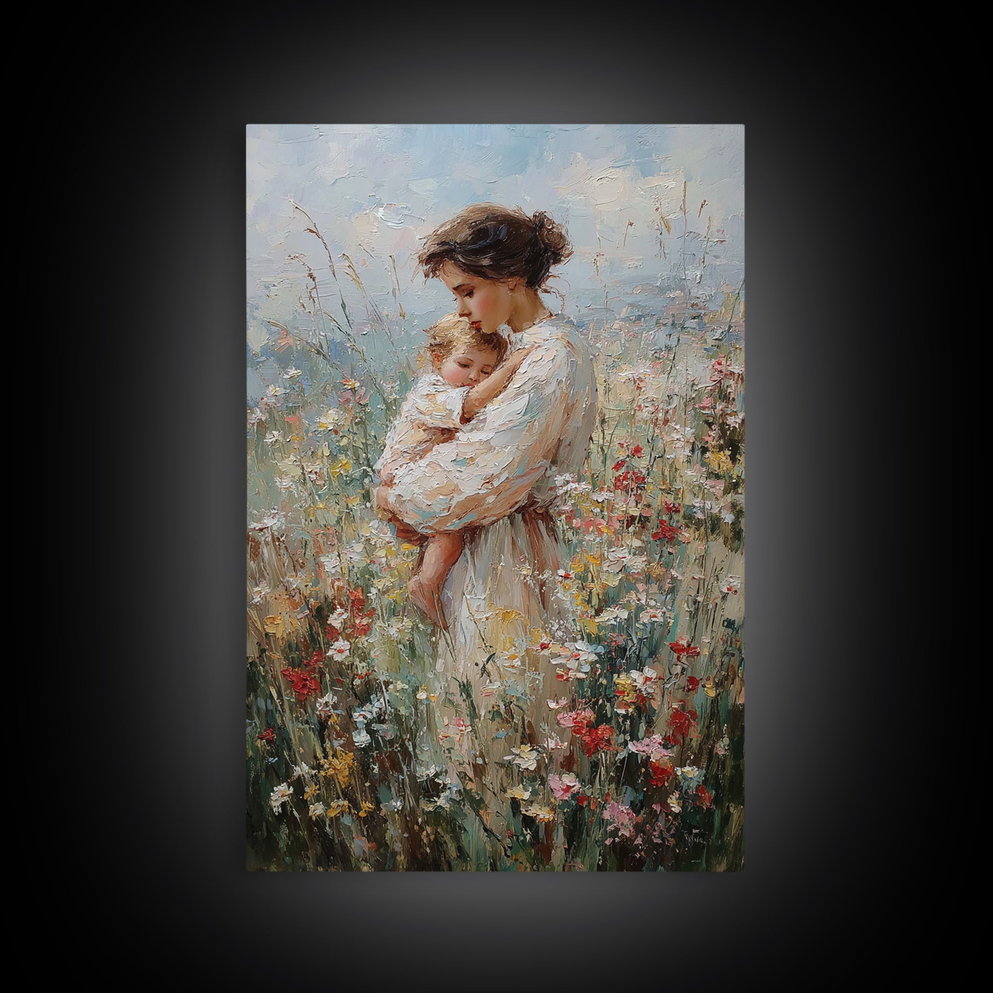 Tender Mother Cuddling Baby In Wildflowers Framed Canvas Print, Impressionist Floral Wall Art, Nursery Decor, Mothers Day Gift For Mom