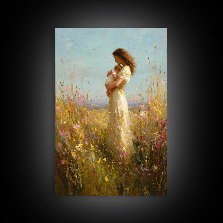 Mother Holding Baby In Wildflower Meadow Wall Art, Impressionist Oil Painting, Feminine Nursery Decor, Gift For Mom, Home Decor