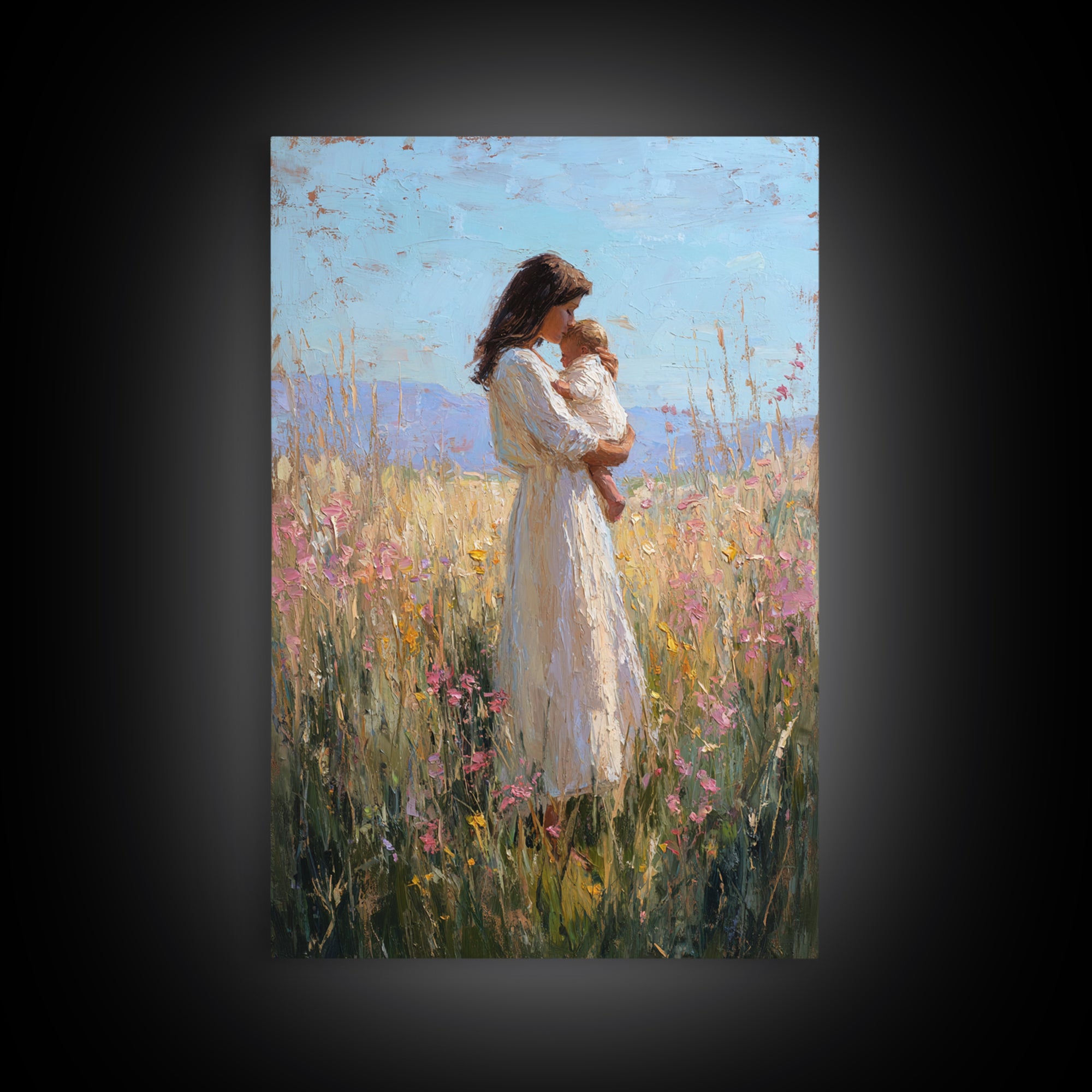 Mother And Baby In Sunlit Wildflower Field Framed Canvas Print, Impressionist Painting, Nursery Wall Art, Gift For Mom, Decor