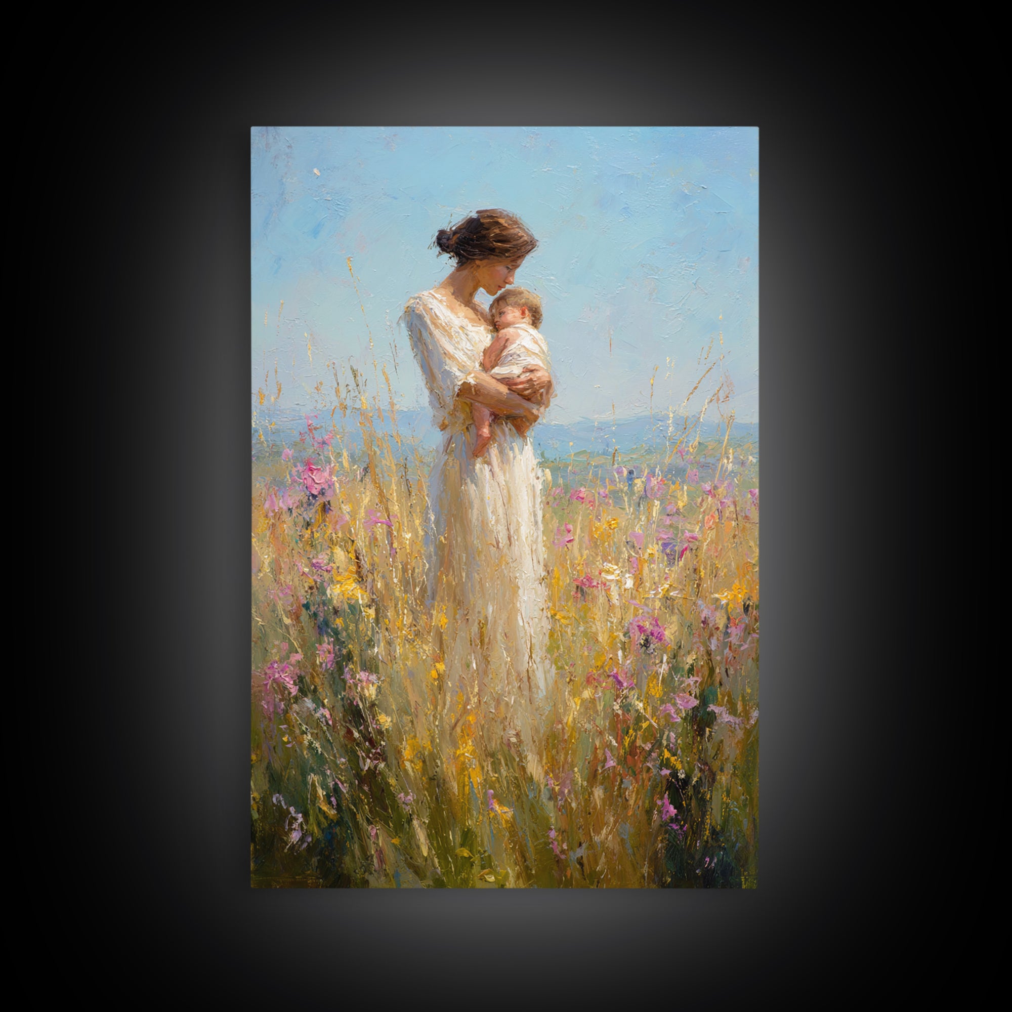 Mother Cradling Baby In Golden Wildflower Meadow Canvas Print, Impressionist Oil Painting, Feminine Wall Art, Gift For Mom