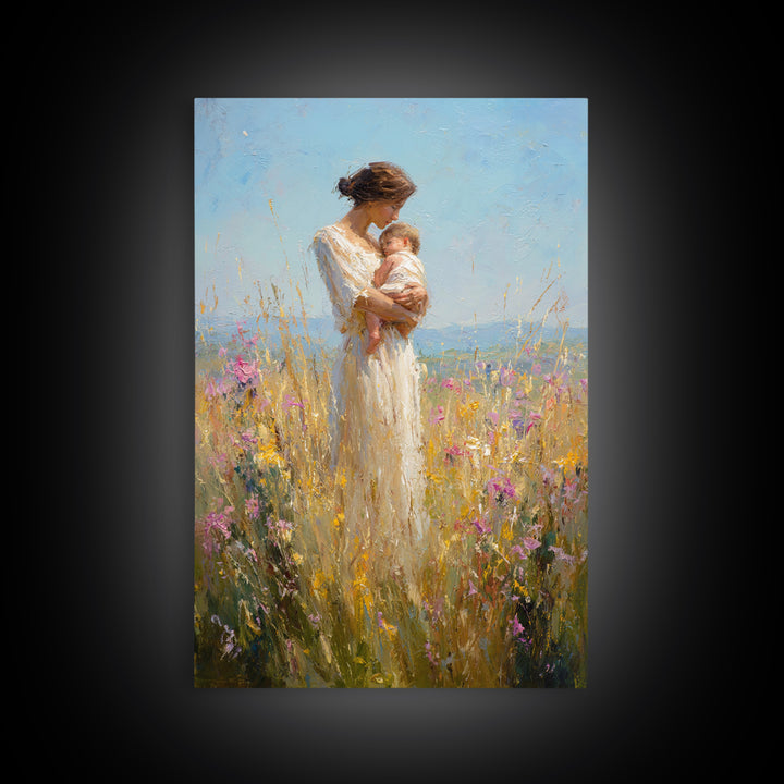 Mother Cradling Baby In Golden Wildflower Meadow Canvas Print, Impressionist Oil Painting, Feminine Wall Art, Gift For Mom