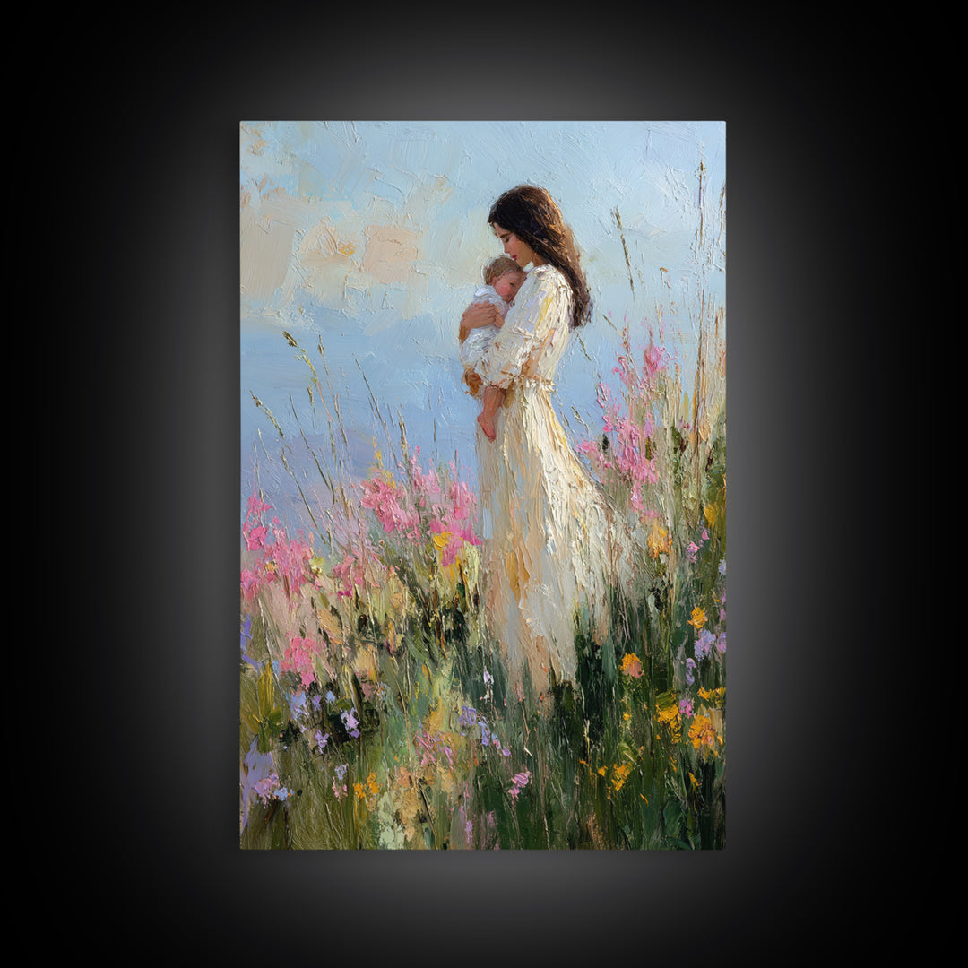 Mother And Newborn In Pink Wildflower Garden Wall Art, Impressionist Oil Painting, Feminine Nursery Decor, Gift For Mom, Home Decor