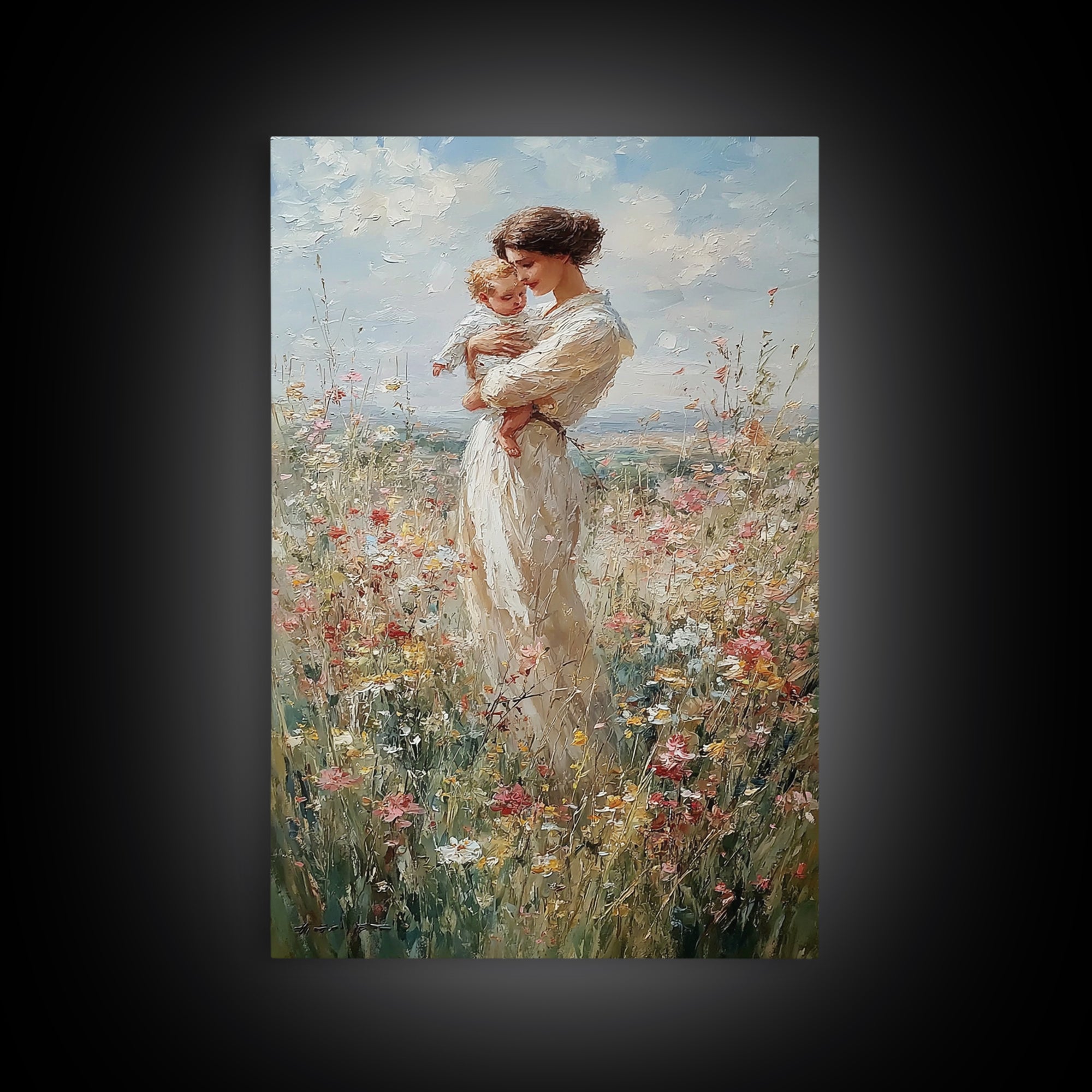 Mother And Baby Among Daisies And Wildflowers Framed Canvas Print, Impressionist Painting, Nursery Wall Art, Gift For Mom