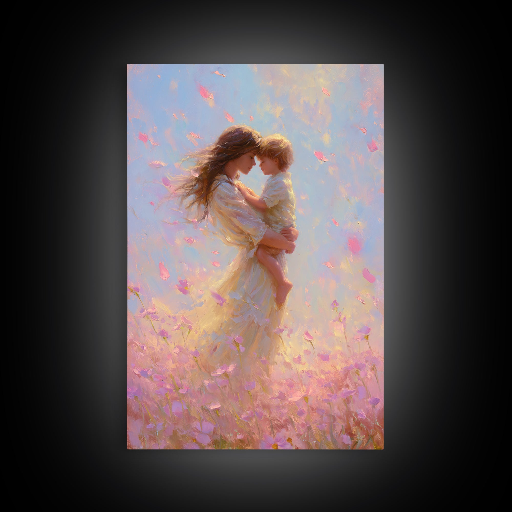 Mother Holding Child In Pink Petal Meadow Framed Canvas Print, Dreamy Impressionist Painting, Feminine Wall Art, Gift For Mom