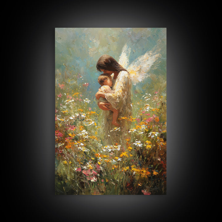 Angel Mother Holding Baby In Wildflower Meadow Framed Canvas Print, Guardian Angel Nursery Art, Spiritual Gift For Mom, Home Decor