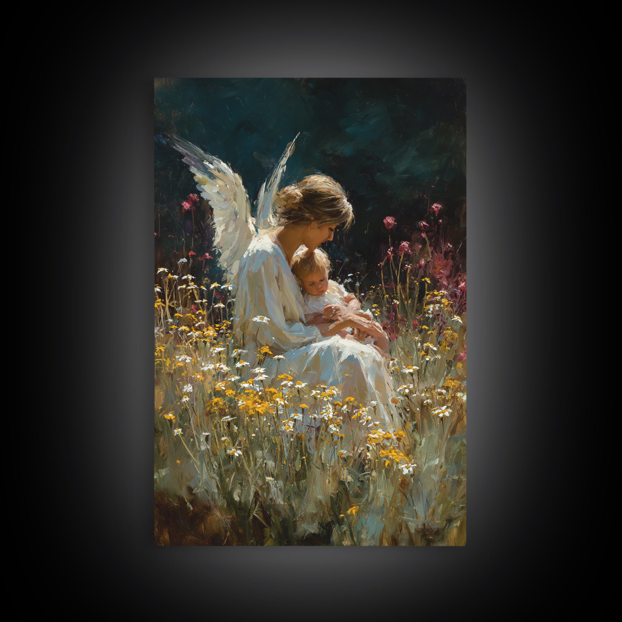 Seated Guardian Angel With Baby In Daisy Meadow Canvas Print, Spiritual Nursery Wall Art, Gift For Her, Moody Home Decor