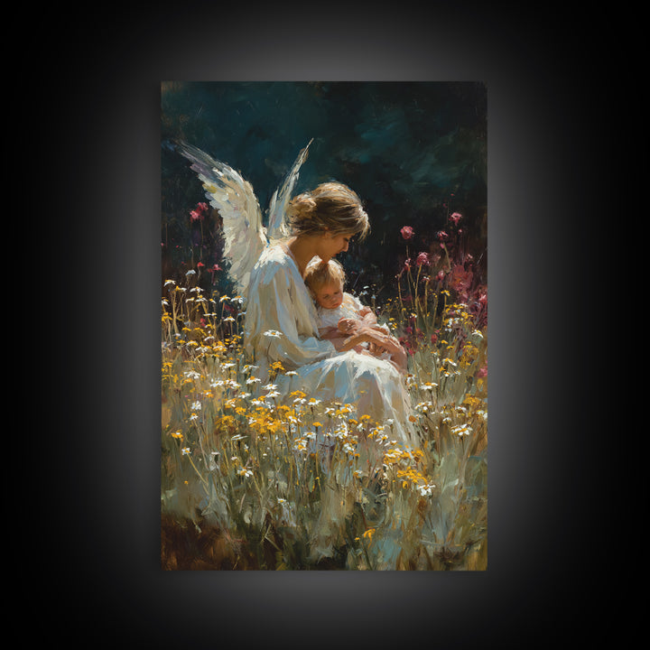 Seated Guardian Angel With Baby In Daisy Meadow Canvas Print, Spiritual Nursery Wall Art, Gift For Her, Moody Home Decor