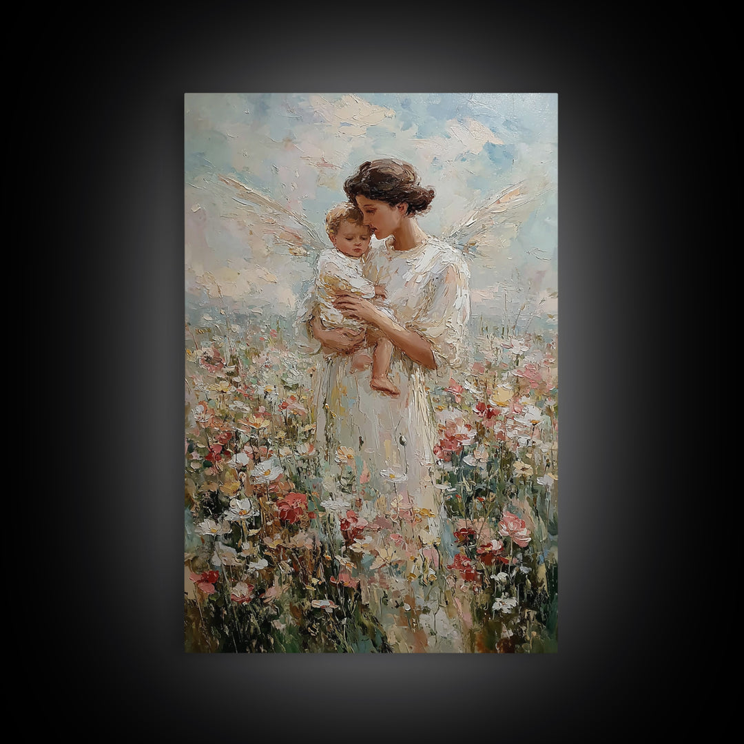 Tender Angel Mother And Baby In Flower Field Framed Canvas Print, Spiritual Wall Art, Nursery Decor, Gift For Mom, Fine Art Print