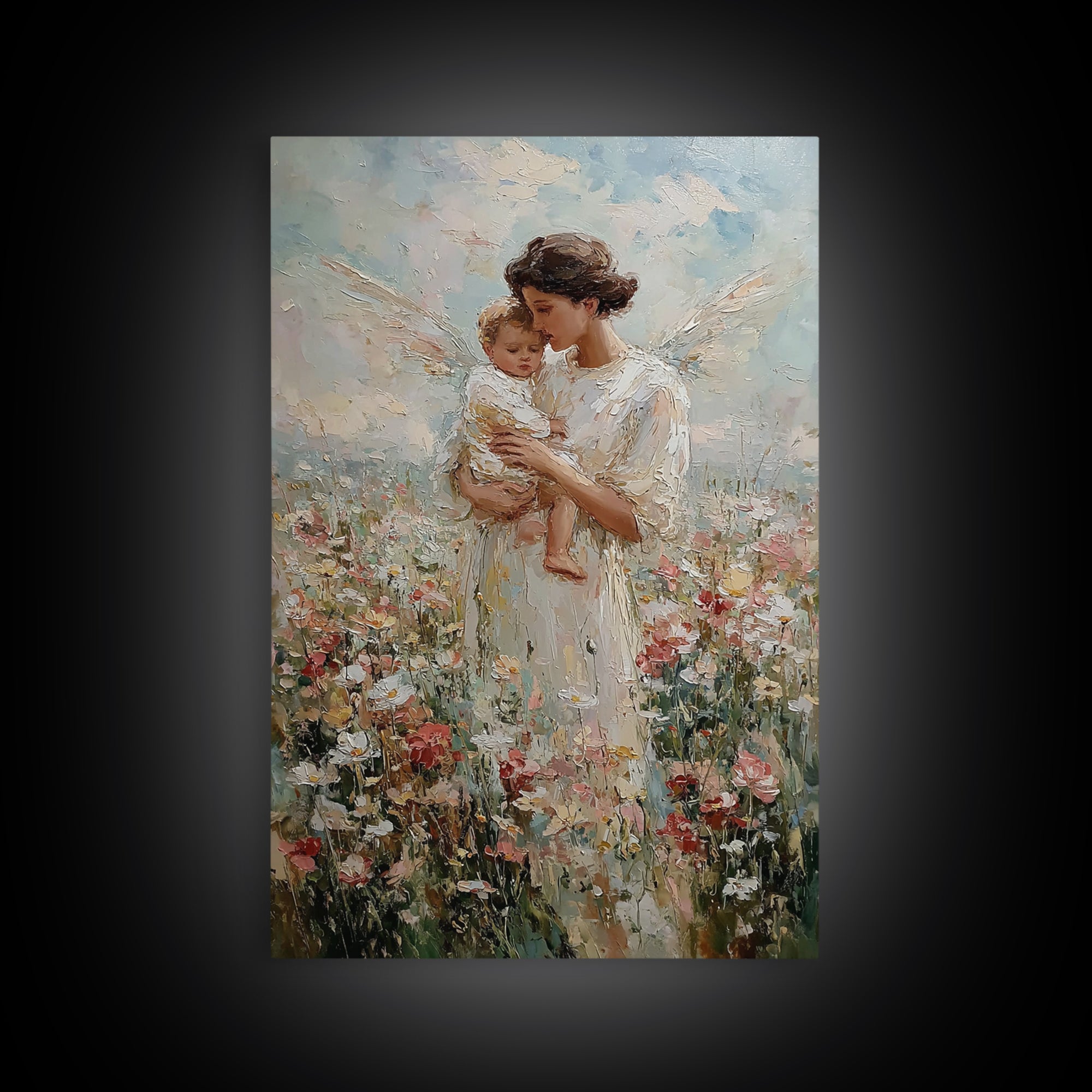 Tender Angel Mother And Baby In Flower Field Framed Canvas Print, Spiritual Wall Art, Nursery Decor, Gift For Mom, Fine Art Print