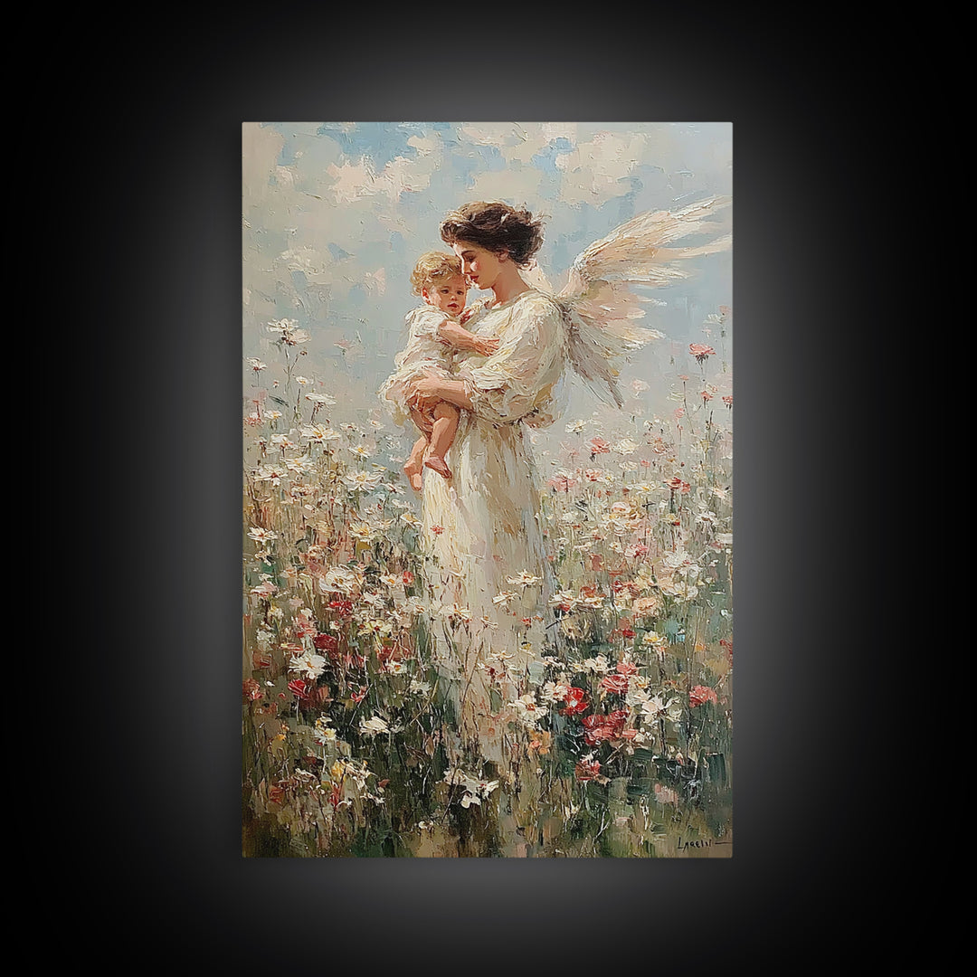 Standing Guardian Angel Holding Baby In Wildflower Field Canvas Print, Spiritual Wall Art, Nursery Decor, Gift For Mom, Home Decor