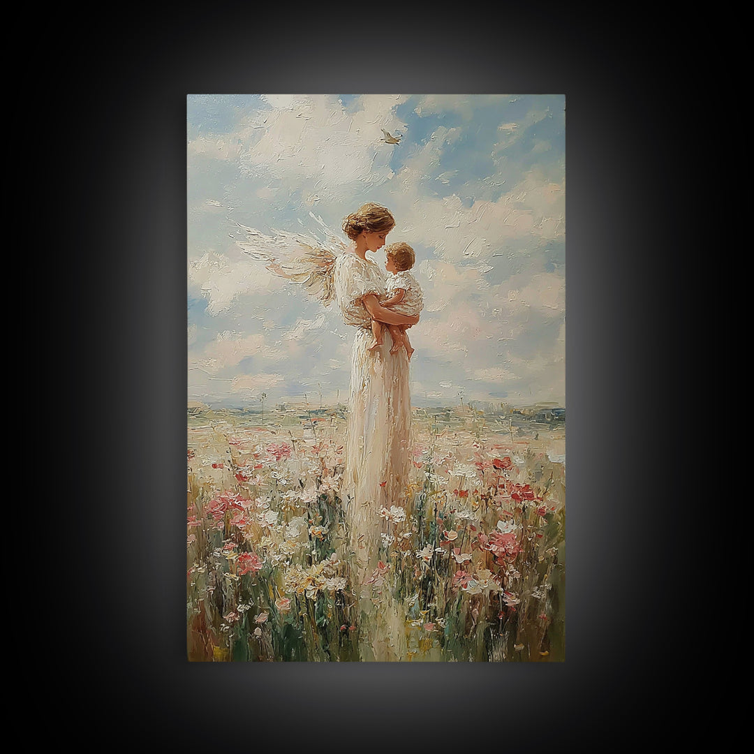 White Winged Angel Cradling Baby In Sunny Meadow Wall Art, Christian Nursery Decor, Spiritual Gift For Mom, Fine Art Print