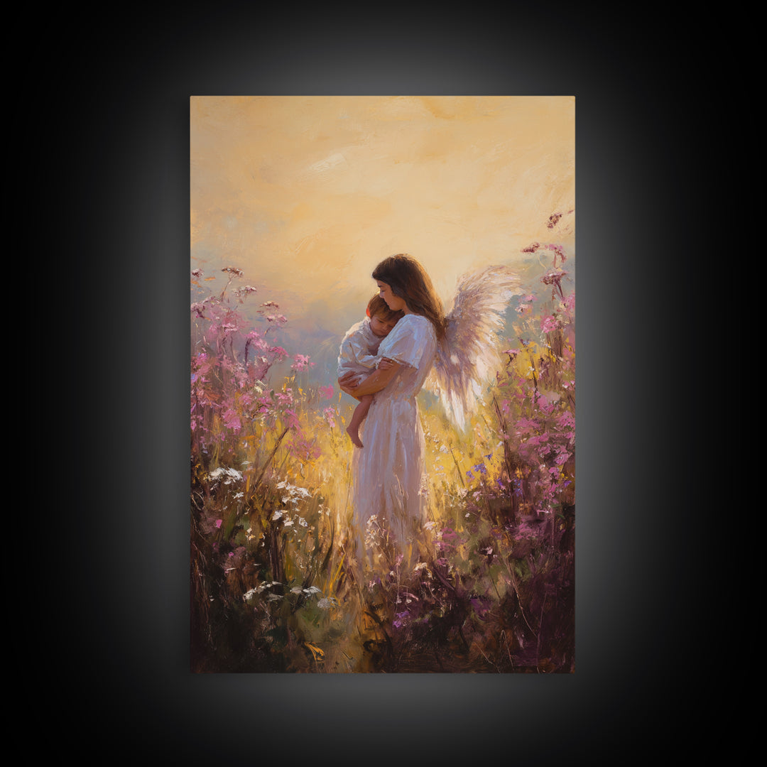 Sunset Angel Mother Holding Baby Among Purple Wildflowers Canvas Print, Spiritual Wall Art, Gift For Mom, Nursery Home Decor