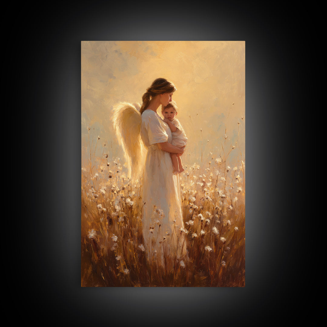 Golden Angel Mother And Baby In Cotton Meadow Framed Canvas Print, Warm Spiritual Wall Art, Nursery Home Decor, Gift For Mom