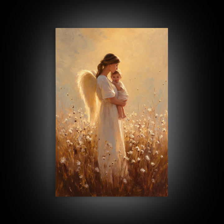 Golden Angel Mother And Baby In Cotton Meadow Framed Canvas Print, Warm Spiritual Wall Art, Nursery Home Decor, Gift For Mom