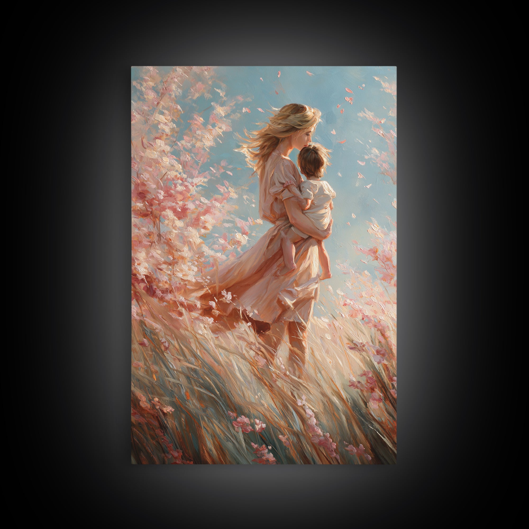 Windblown Angel Mother Carrying Baby Through Pink Blossoms Canvas Print, Feminine Spiritual Wall Art, Gift For Mom, Nursery Decor